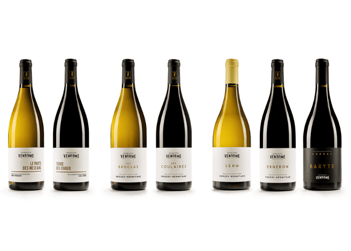 Complete collection of Domaine Vendome wines. Crozes-Hermitage Blanc, Crozes-Hermitage Rouge, 100% Viognier, 100% Syrah and Cornas.